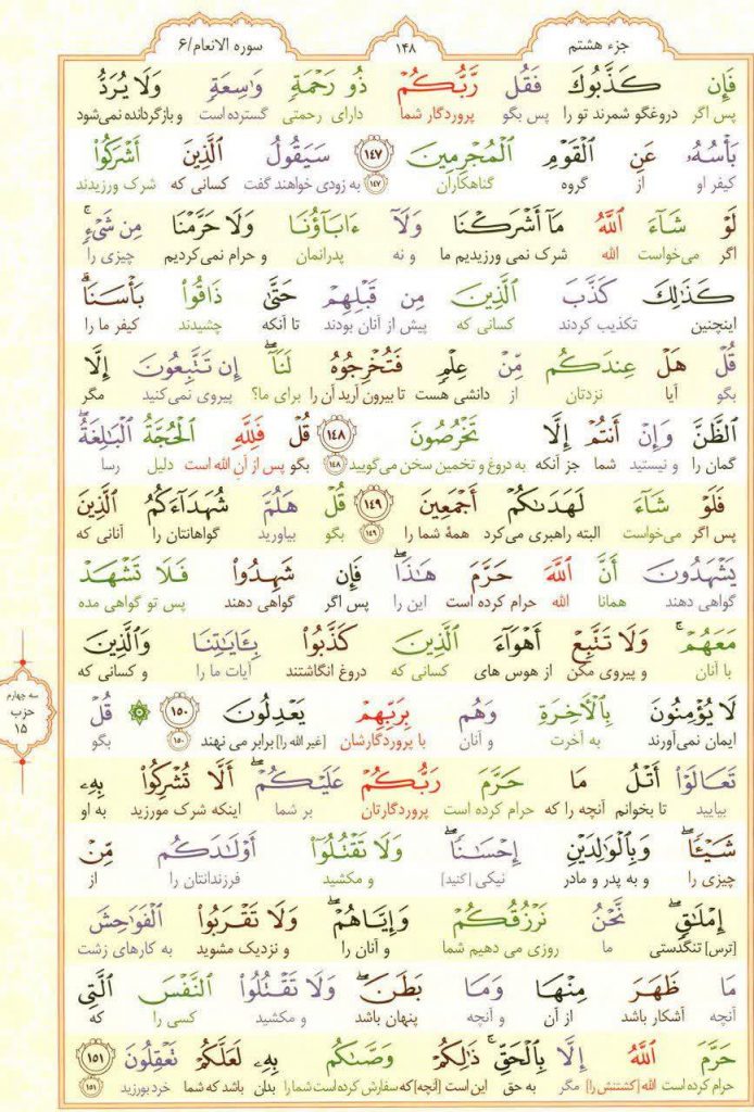 قرآن کریم - صفحه شماره 148 - جزء هشتم - سوره الانعام